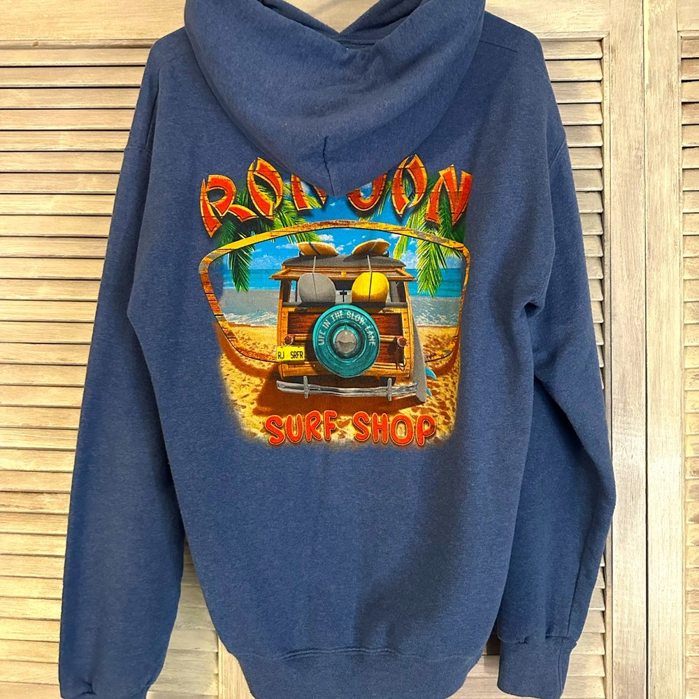 RonJon surf shop hoodie, vintage jeep and surfboards on back